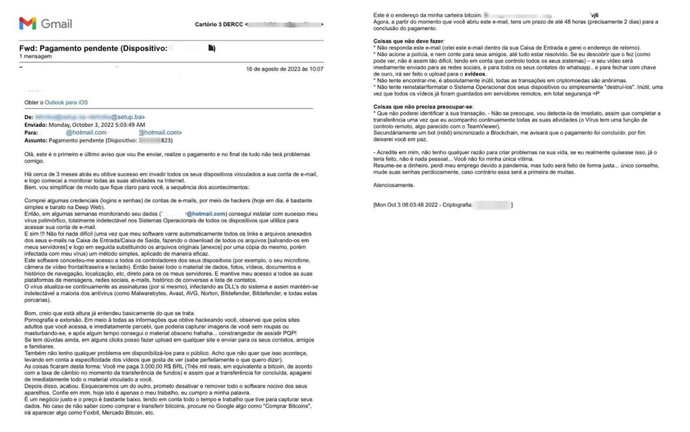 E-mail enviado pelo programador às vítimas — Foto: Divulgação/Polícia Civil