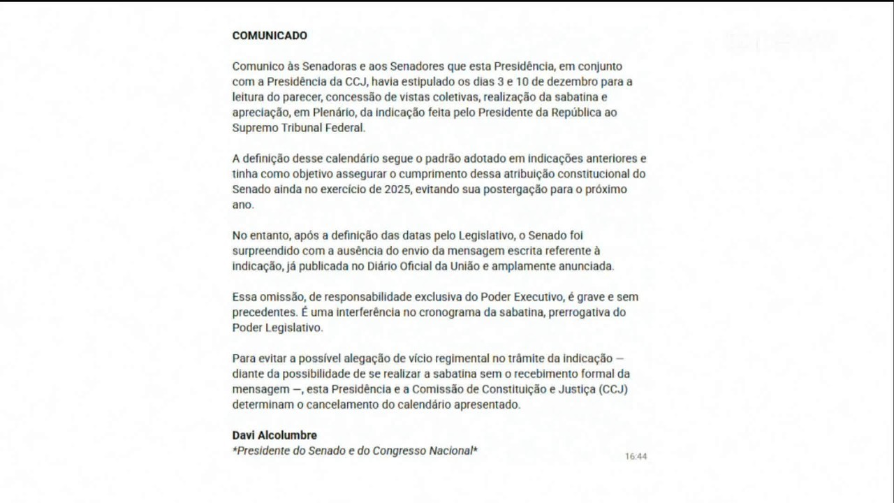 Alcolumbre cancela sabatina de Messias e critica demora de Lula em enviar indicação ao Senado: 'Grave'