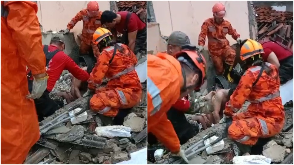 Bombeiros resgatam pessoas que ficaram soterradas durante desabamento de casa em Fortaleza. — Foto: Reprodução