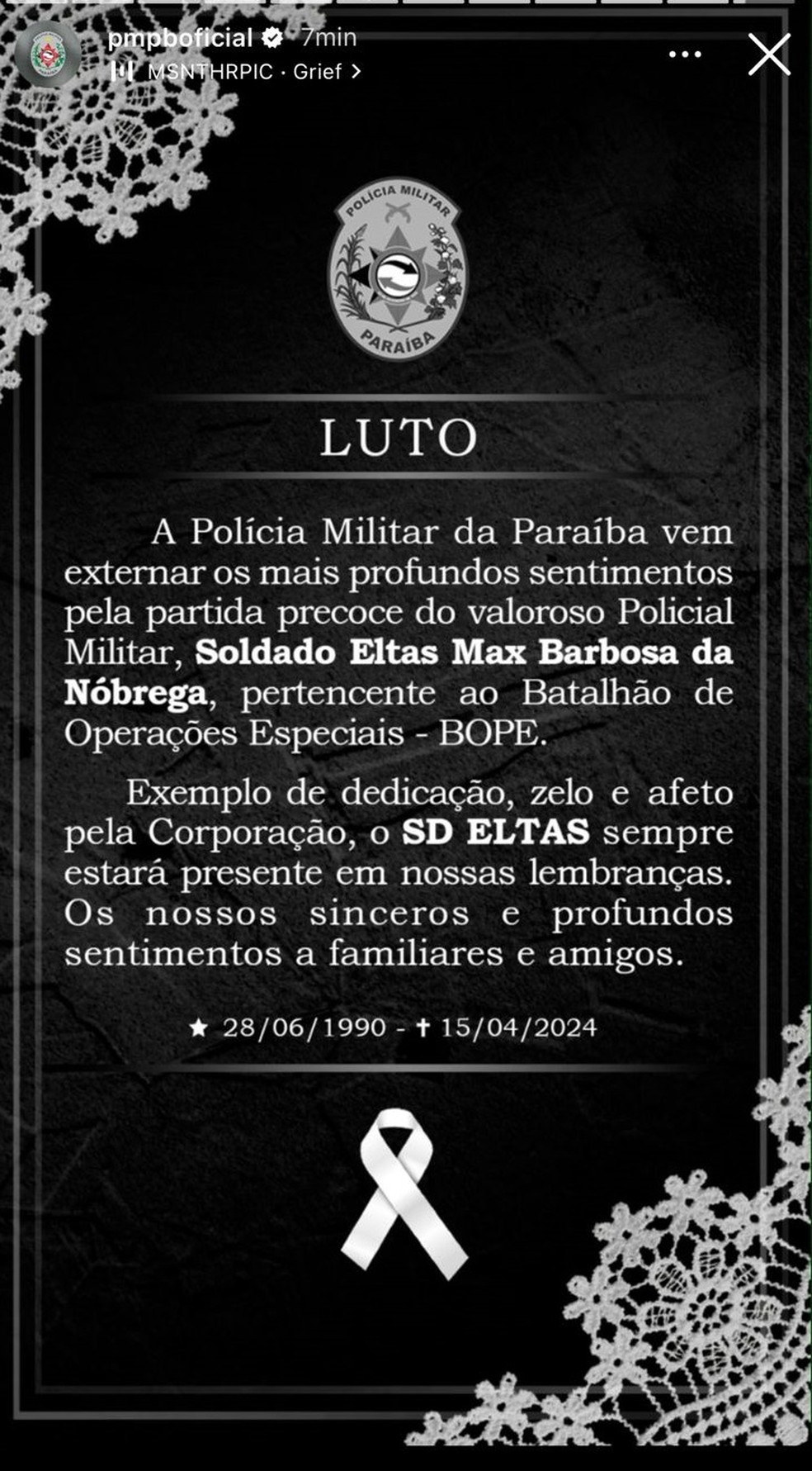 Nota de pesar da Polícia Militar de Paraíba sobre a morte do soldado Eltas Max Barbosa  Foto: Reprodução/PMPB/Redes sociais