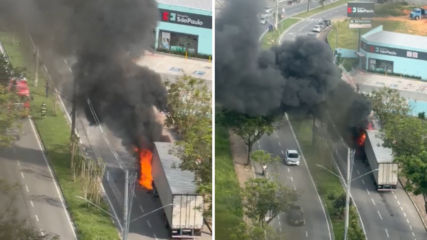 Caminhão pega fogo e provoca grande coluna de fumaça em avenida de Jacareí