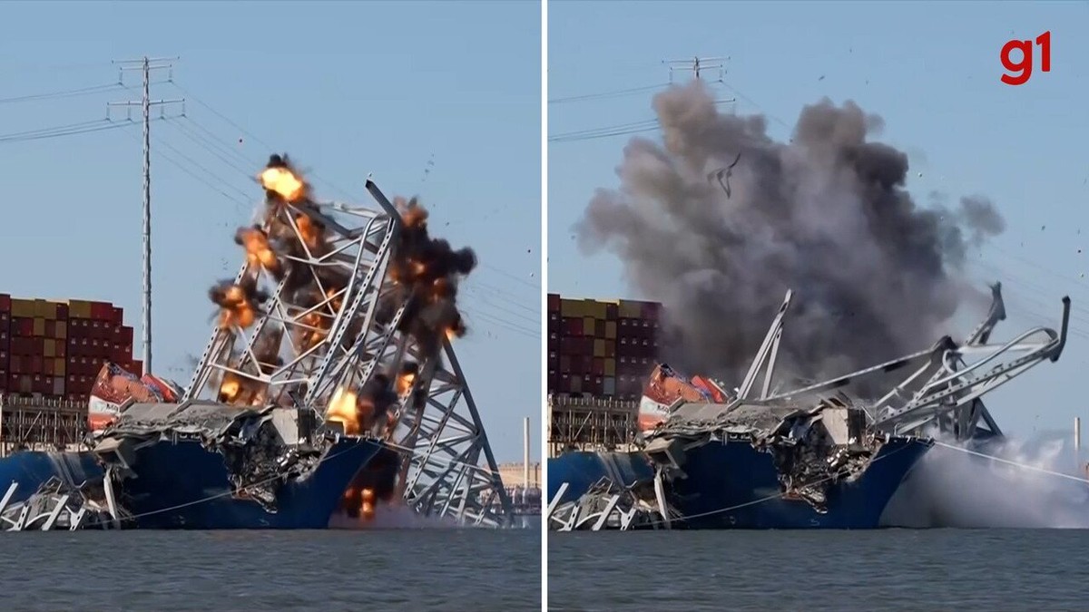 Quase 50 dias após queda, ponte é parcialmente explodida em Baltimore; VÍDEO