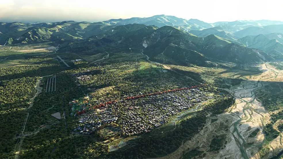 Representação da 'Cidade da Atenção Plena de Gelephu', que está sendo planejada como uma cidade independente dentro do reino — Foto: BIG via BBC