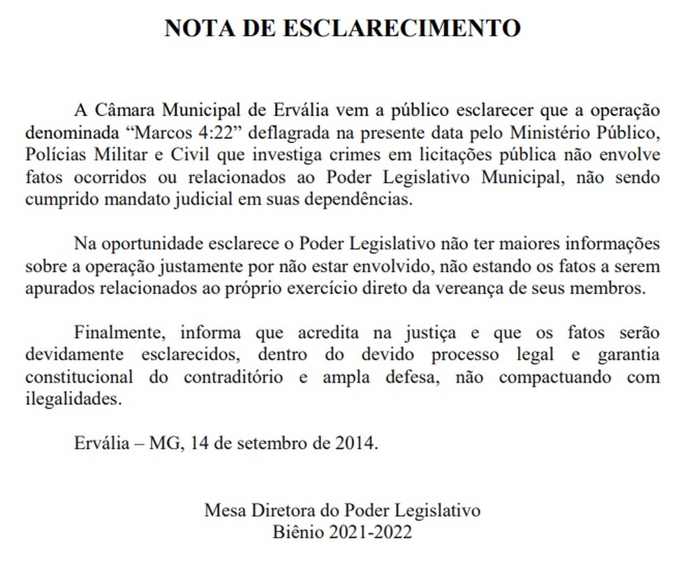 Nota de esclarecimento da Câmara Municipal de Ervália — Foto: Câmara de Ervália/Divulgação