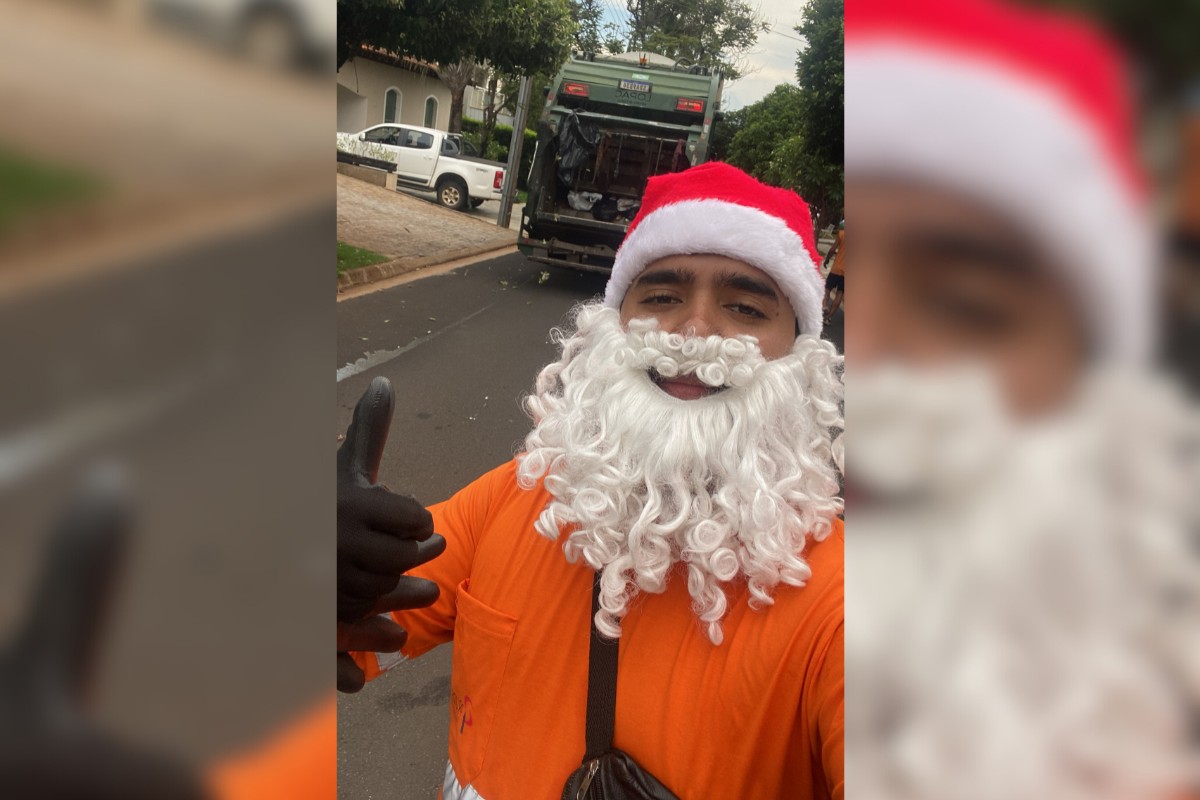 Estudante de medicina que trabalha como coletor de lixo se fantasia de Papai Noel: 'Brincar com a população' 