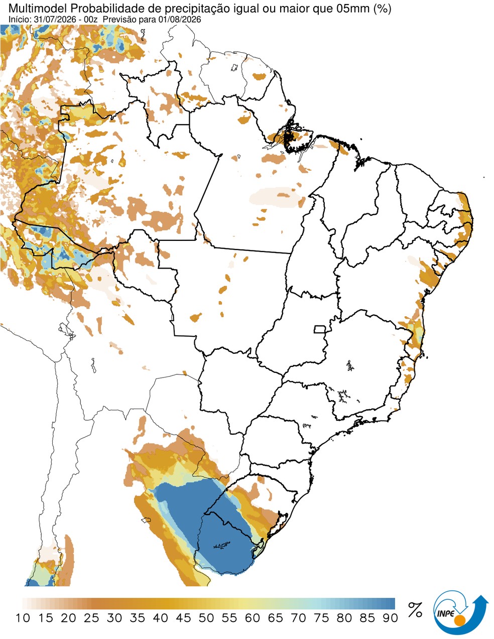 Previsão de chuva neste sábado em todo o país. — Foto: CPTEC/Inpe