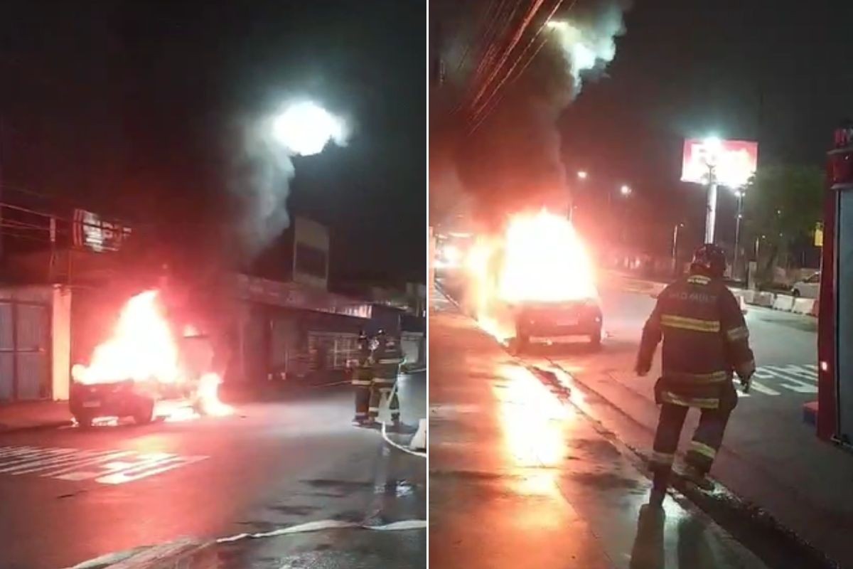 Carro pega fogo e mobiliza bombeiros no litoral de SP; VÍDEO