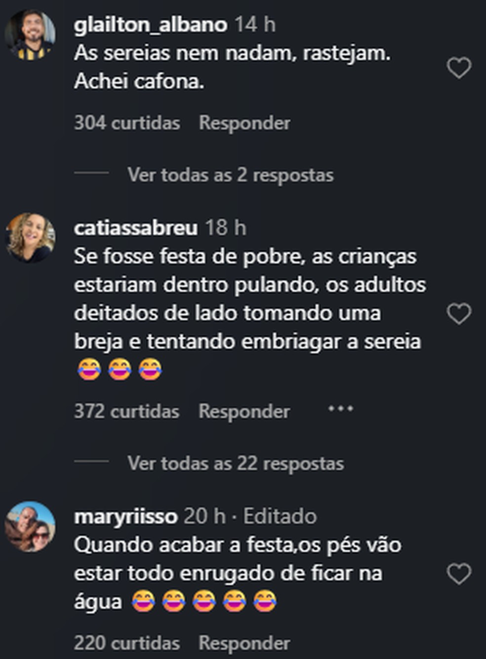 Comentários de festa com sereias. — Foto: Reprodução/Instagram
