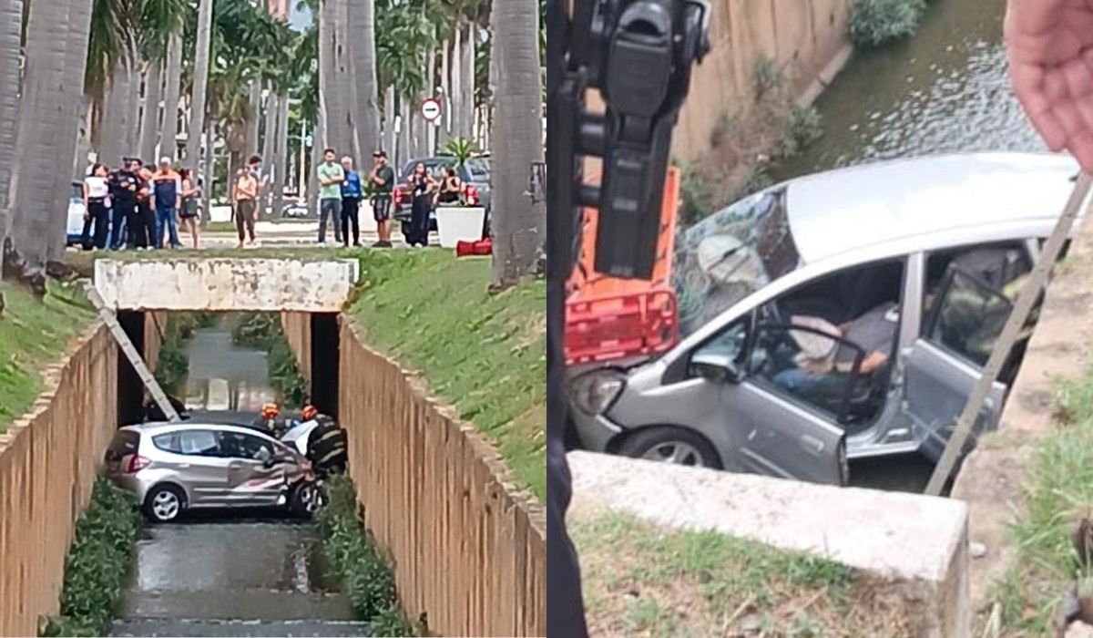 Carro cai dentro de córrego após batida com caminhão em Americana