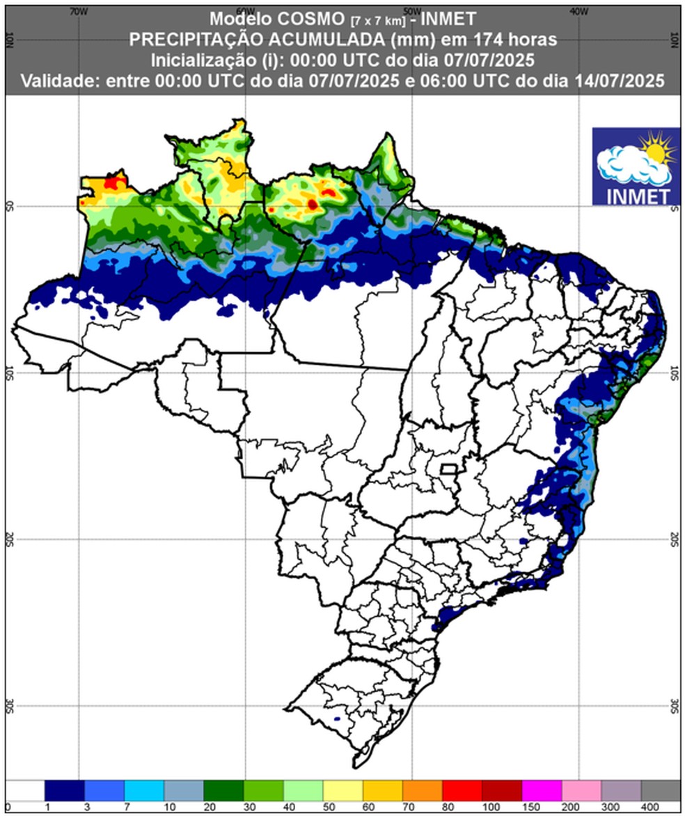 Previsão de chuva entre os dias 07 a 14 de junho de 2025. — Foto: Inmet