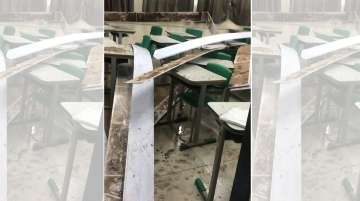 VÍDEO: Teto de escola desaba e atinge estudantes durante forte chuva no interior de SP