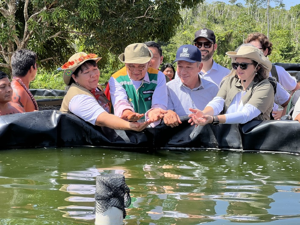 Da direita para a esquerda: Joênia Wapichana, presidente da Funai; Wellington Dias, ministro do Desenvolvimento Social e Antonio Denarium (PP), governador de Roraima — Foto: Caíque Rodrigues/g1 RR