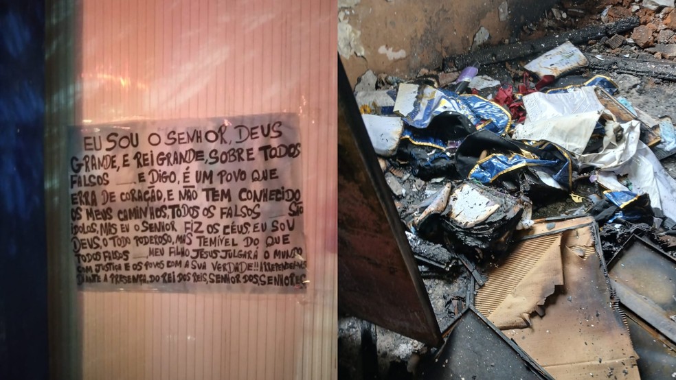 Mensagem com referências bíblicas foi deixada no templo maçom após ataque. — Foto: Reprodução