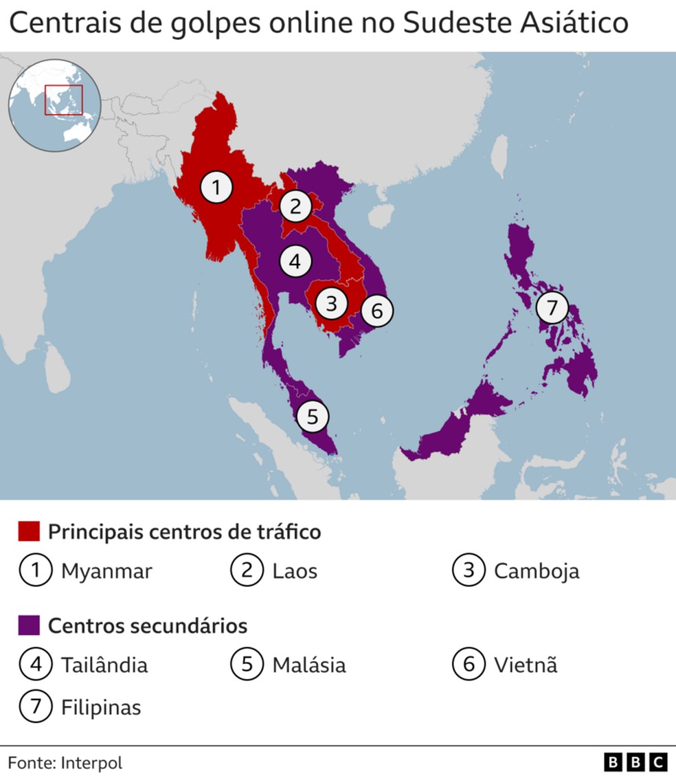 Os pases envolvidos nas centrais de golpes online no Sudeste Asitico incluem Mianmar, Laos, Camboja, Filipinas, Malsia, Tailndia e Vietn. — Foto: BBC