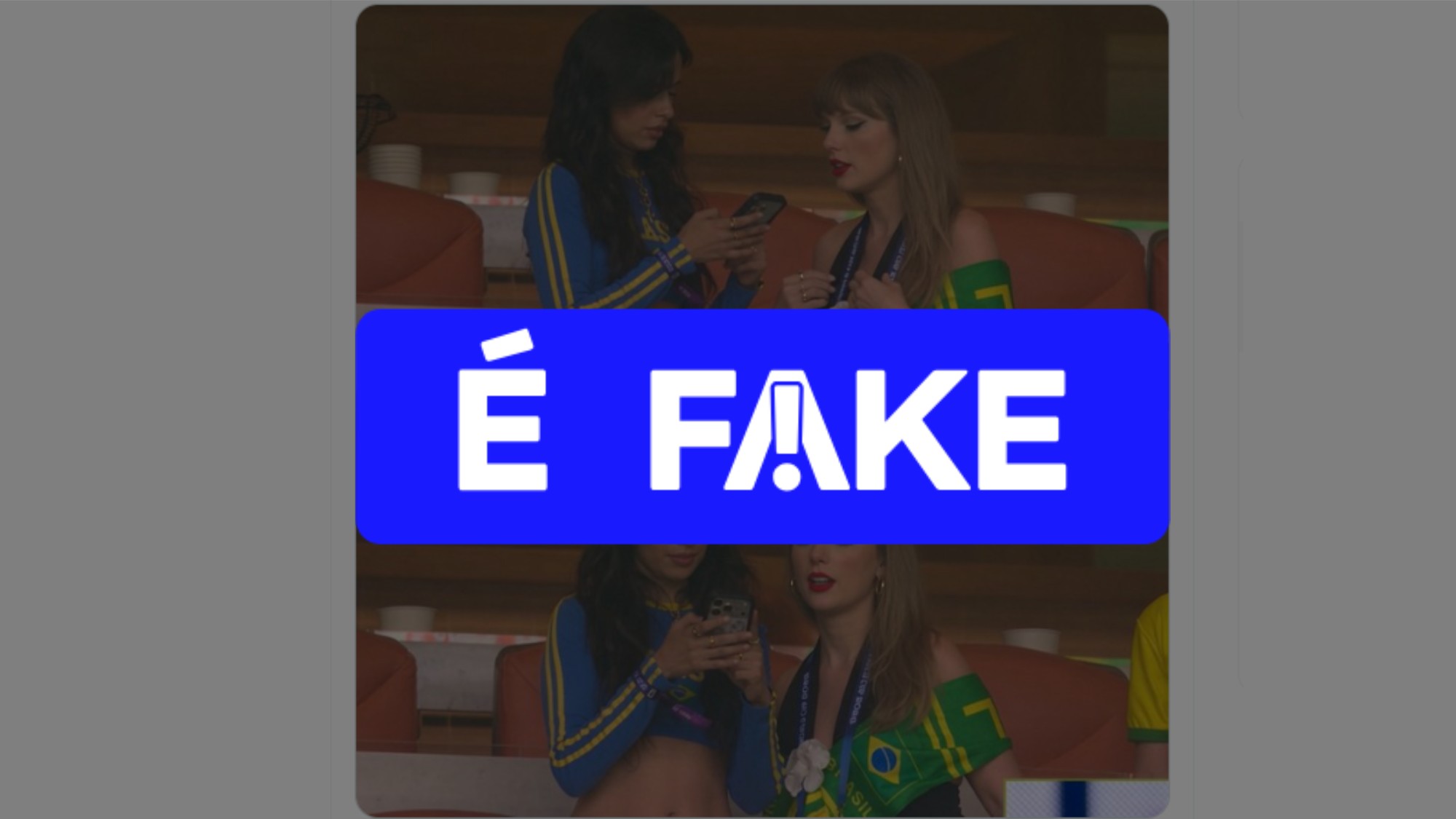 É #FAKE que Taylor Swift e Camila Cabello foram vistas juntas na arquibancada de Brasil x Escócia na Copa; trata-se de montagem 