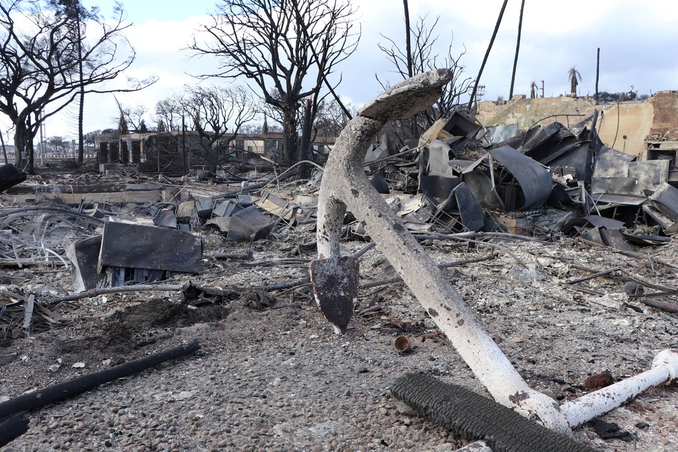 Foto mostra cenário devastado e carbonizado de uma rua na ilha de Maui, no Havaí, em 10 de agosto de 2023 — Foto: Departamento de Terras e Recursos Naturais do Havaí/Reprodução via REUTERS