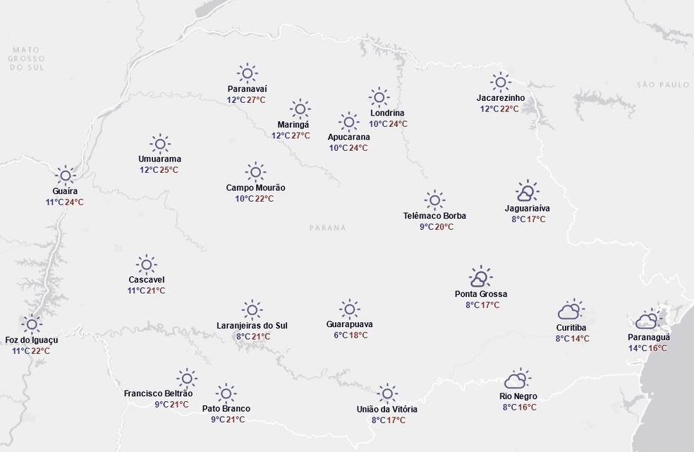 Previsão do tempo do Simepar para sexta-feira, 15 de agosto — Foto: Reprodução/Simepar
