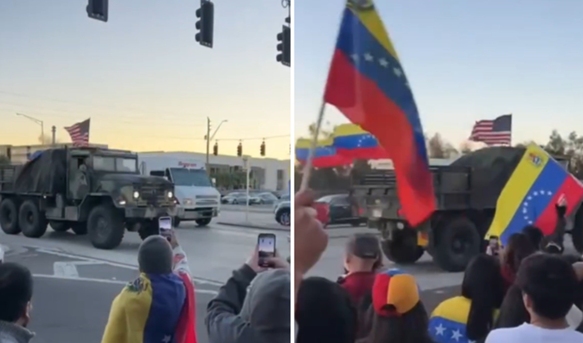 É #FAKE que vídeo mostre caminhão militar com bandeira americana na Venezuela; cena ocorreu em janeiro nos EUA