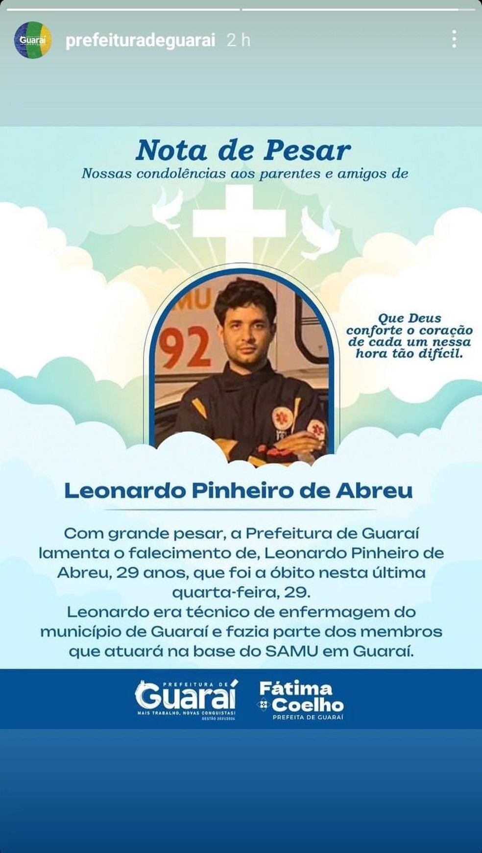 Prefeitura de Guaraí publicou nota de pesar lamentando a morte de Leonardo Pinheiro — Foto: Reprodução/redes sociais/Prefeitura de Guaraí