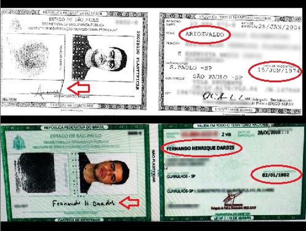 Fernando Henrique Dardis, o falso médico, usou RG em nome de Ariosvaldo, médico verdadeiro (compare acima) — Foto: Reprodução