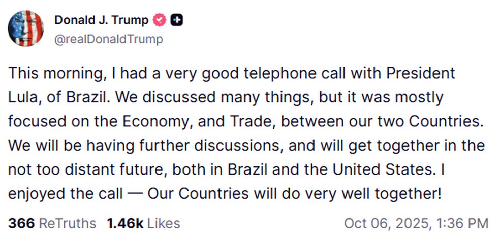 Presidente dos Estados Unidos, Donald Trump, fala sobre ligação por vídeo com presidente Lula em 6 de outubro de 2025. — Foto: Reprodução/Donald Trump no Truth Social