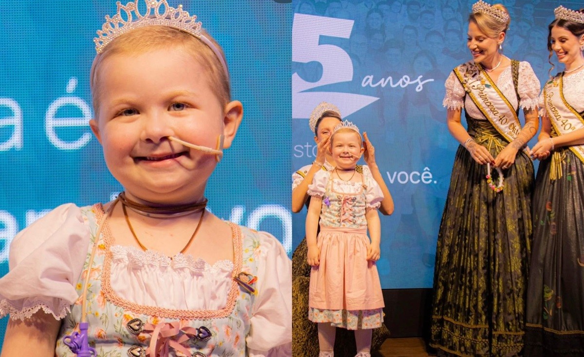 Com leucemia, menina de 6 anos é coroada princesa mirim do Oktoberfest em Blumenau; VÍDEO