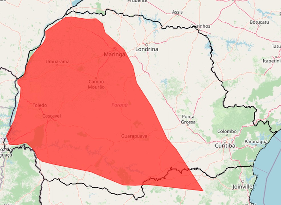 Regiões com alerta vermelho para tempestade no Paraná — Foto: Inmet