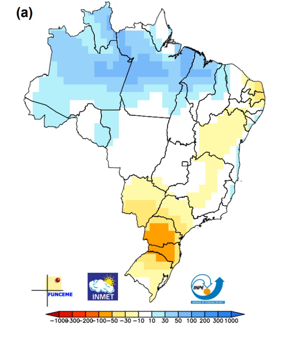 Previsão de chuva acima ou abaixo do normal para abril, maio e junho de 2026, com base em modelos climáticos. — Foto: INMET/CPTEC/INPE/FUNCEME