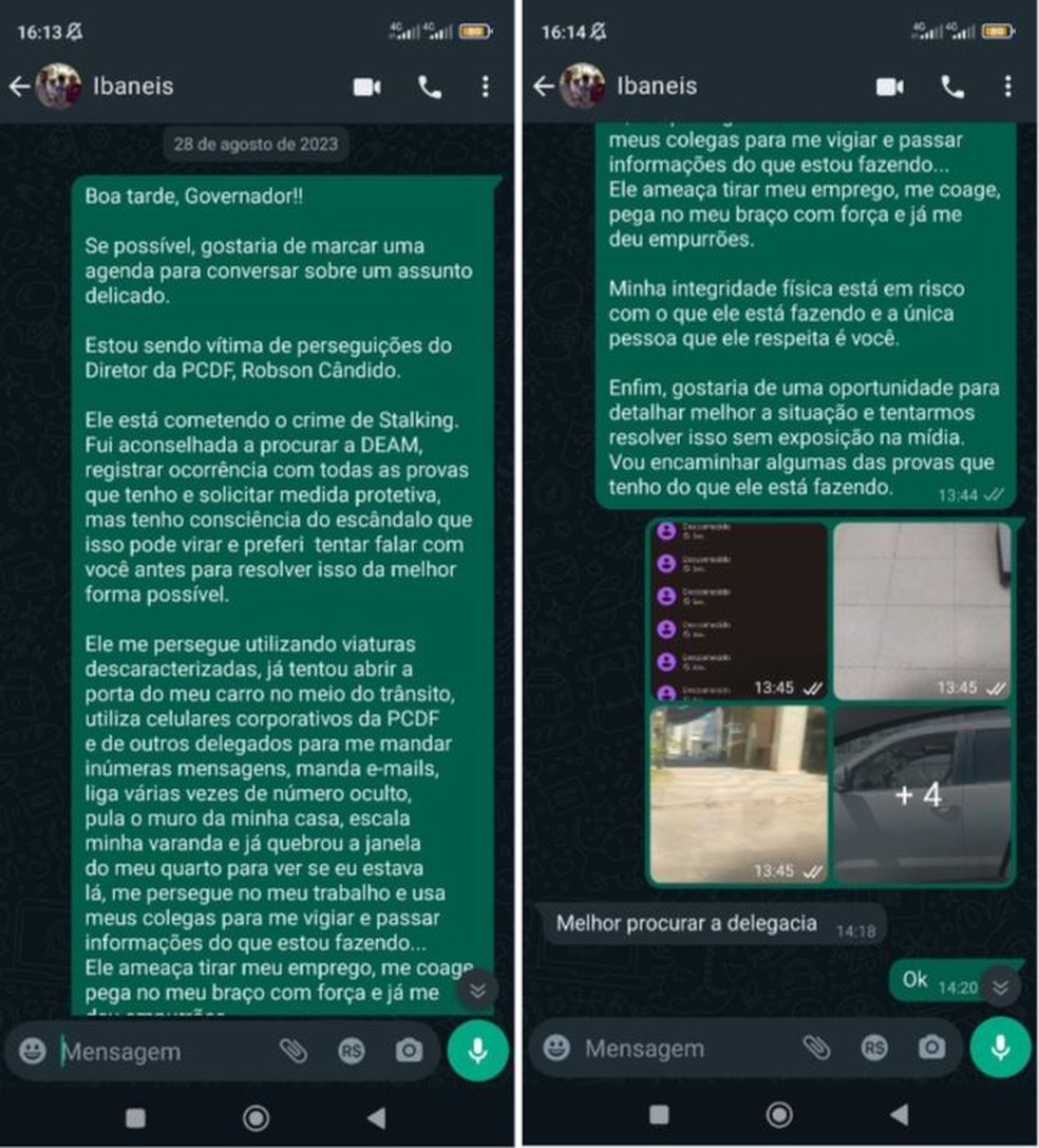 Prints de conversa entre ex-amante do ex-diretor-geral da Polícia Civil do DF e governador Ibaneis Rocha — Foto: Reprodução