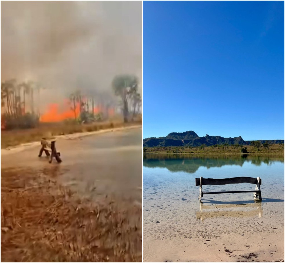 Atrativo turístico Lagoa da Serra foi atingido pelas chamas — Foto: Arte g1
