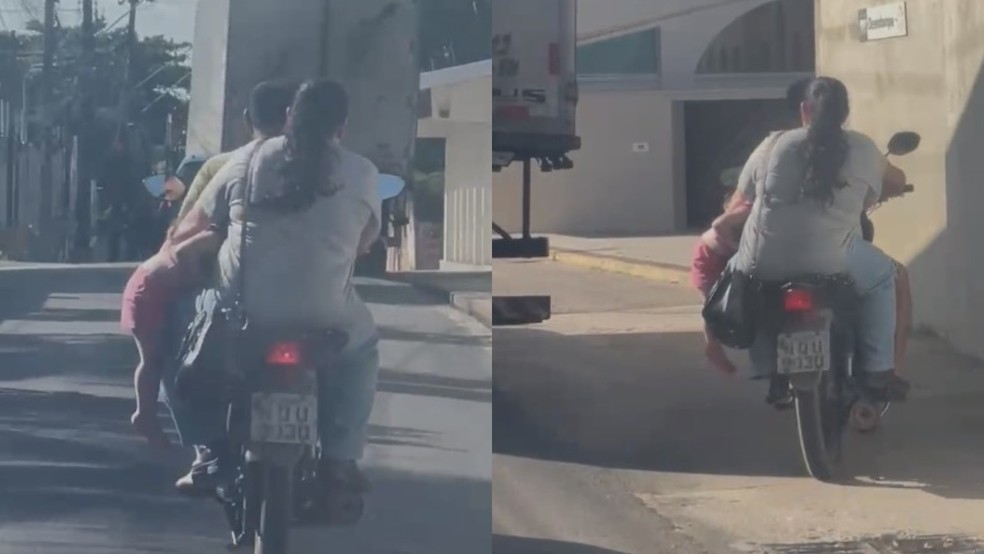 Criança é transportada de forma perigosa em motocicleta pela cidade do Eusébio. — Foto: Reprodução.