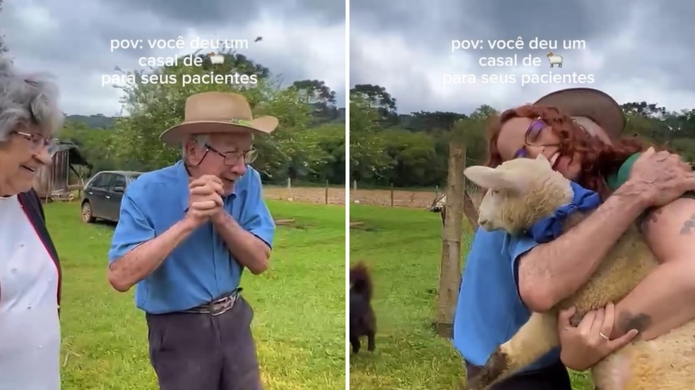 Fisioterapeuta surpreende paciente idoso com carneirinhos de presente em aniversário de 93 anos — Foto: Reprodução/Redes Sociais