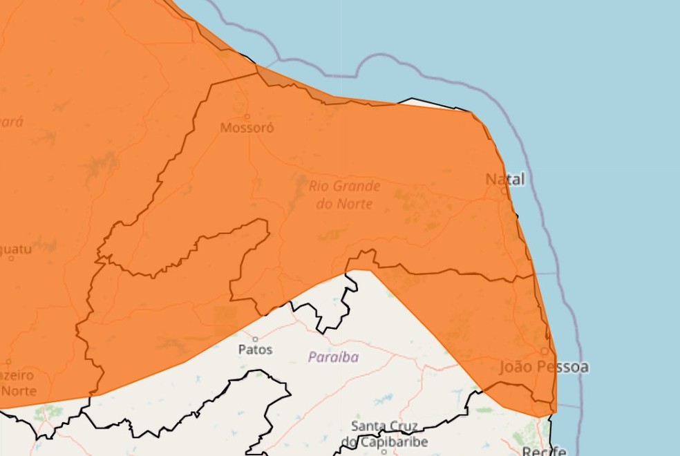 Alerta de perigo abrange quase todos os municípios do Rio Grande do Norte — Foto: Inmet/Reprodução
