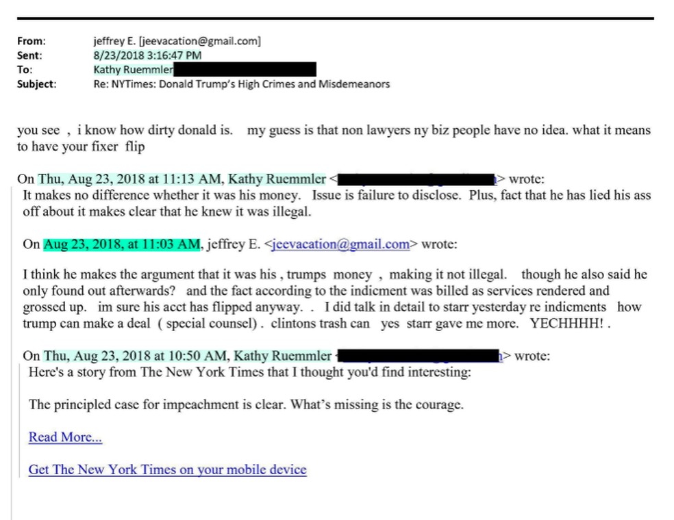 Troca de e-mails entre Epstein e Kathy Ruemmler — Foto: Reprodução