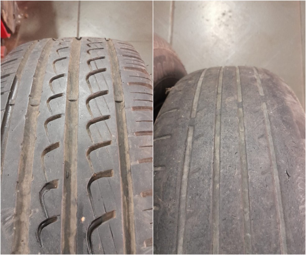 À esquerda, pneu novo, e à direita, pneu velho — Foto: Arquivo pessoal/Francisco Carvalho