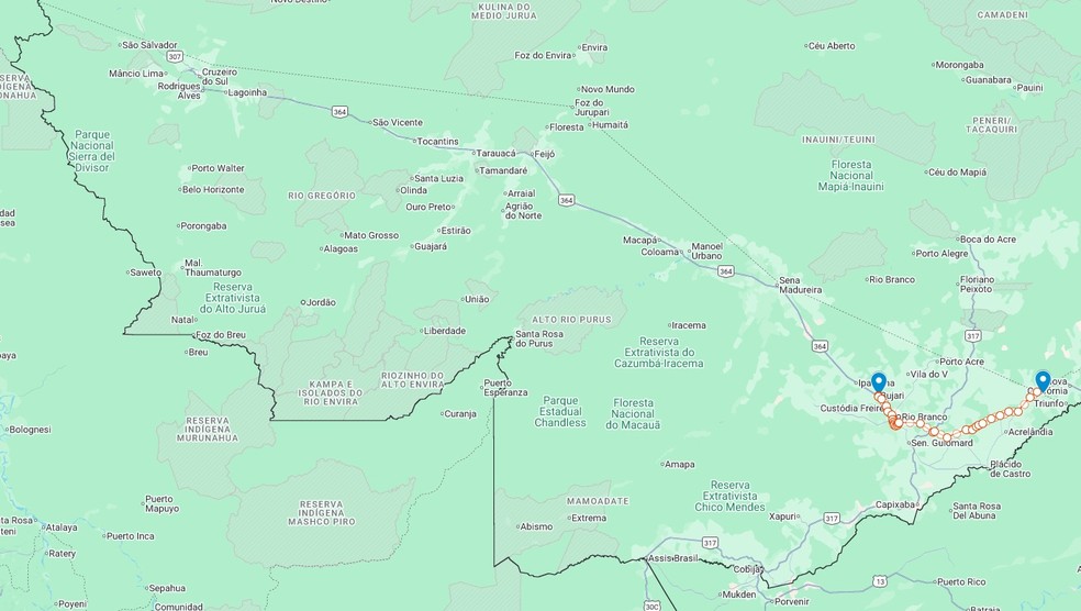 Trecho da divisa de Rondônia com o Acre até o município de Bujari — Foto: Reprodução/Google My Maps