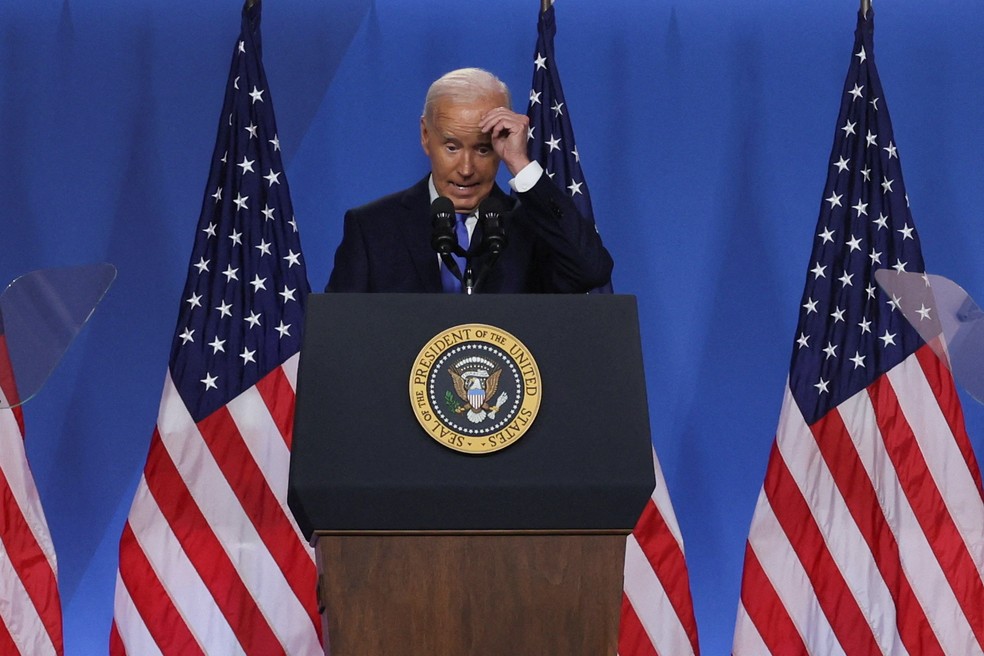 Joe Biden durante entrevista coletiva na Cúpula da Otan, em 11 de julho de 2024 — Foto: REUTERS/Leah Millis