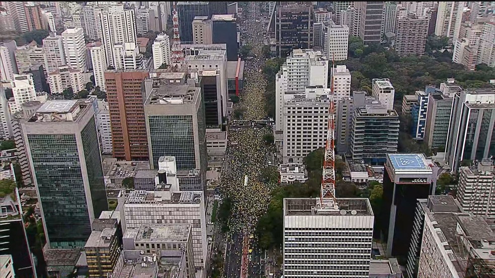 Imagem aérea mostra protesto de bolsonaristas na Paulista. — Foto: Reprodução/GloboNews