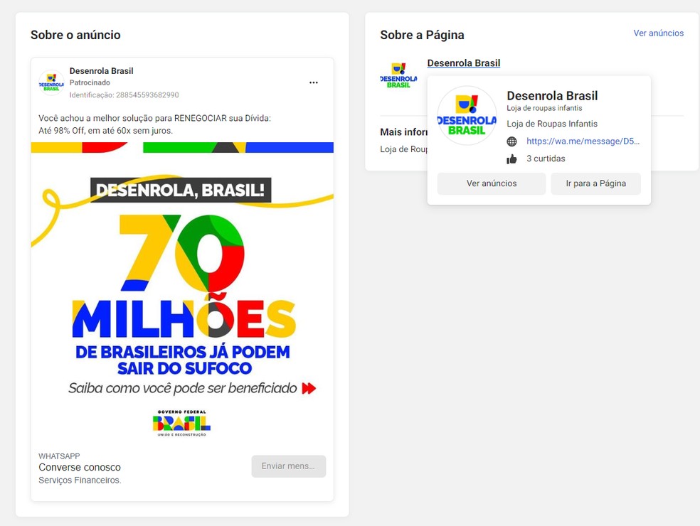Anúncio com fraude envolvendo o nome do Desenrola Brasil — Foto: Reprodução/Biblioteca de Anúncios da Meta