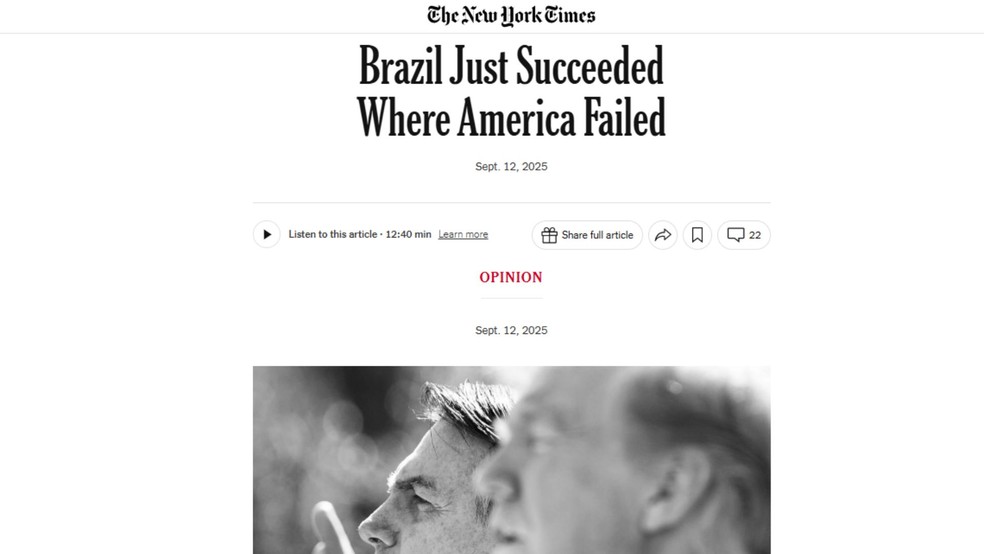Artigo de opinião do jornal 'The New York Times', dos Estados Unidos, faz paralelo entre condenação de Jair Bolsonaro e democracia nos EUA. — Foto: Reprodução