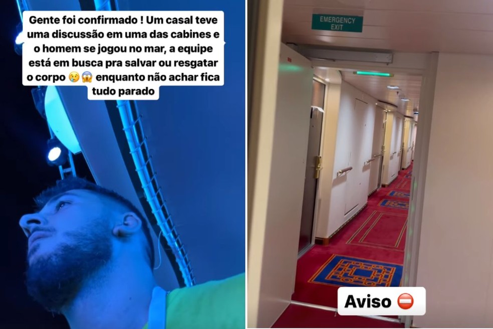 Influenciador Francisco Garcia compartilhou nas redes sociais o aviso do tripulante dentro de navio — Foto: Reprodução/Instagram @fgnico