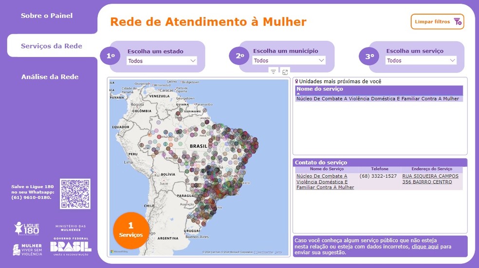 Painel Ligue 180 lista serviços para mulheres vítimas de violência no Brasil — Foto: Reprodução