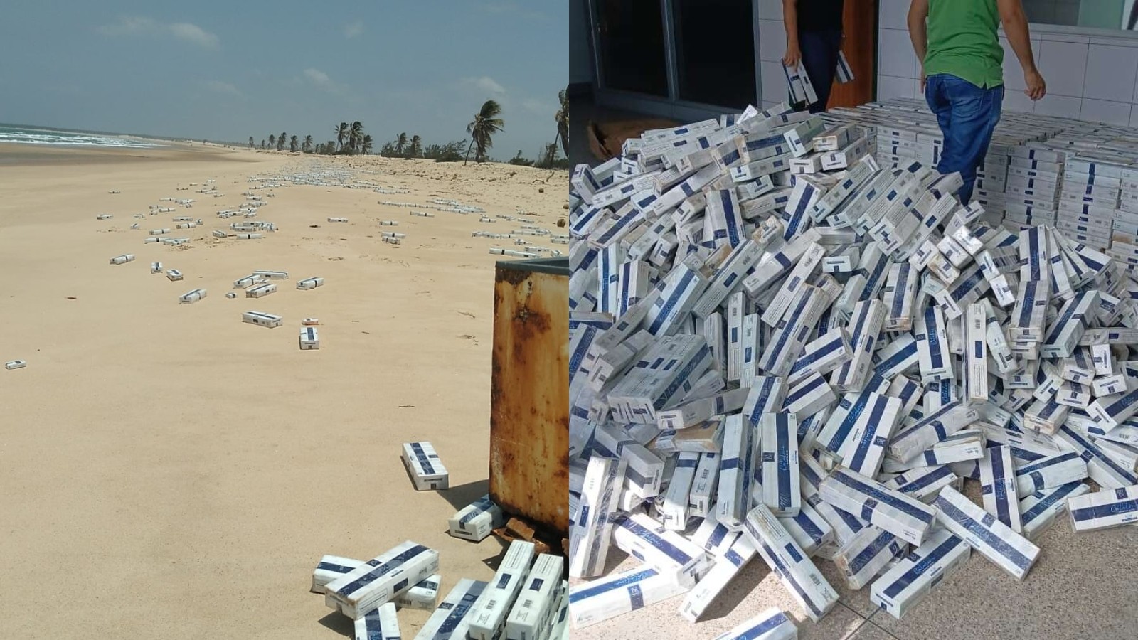 Polícia encontra mais de 2 mil maços de cigarros espalhados na faixa de areia de praia no Ceará