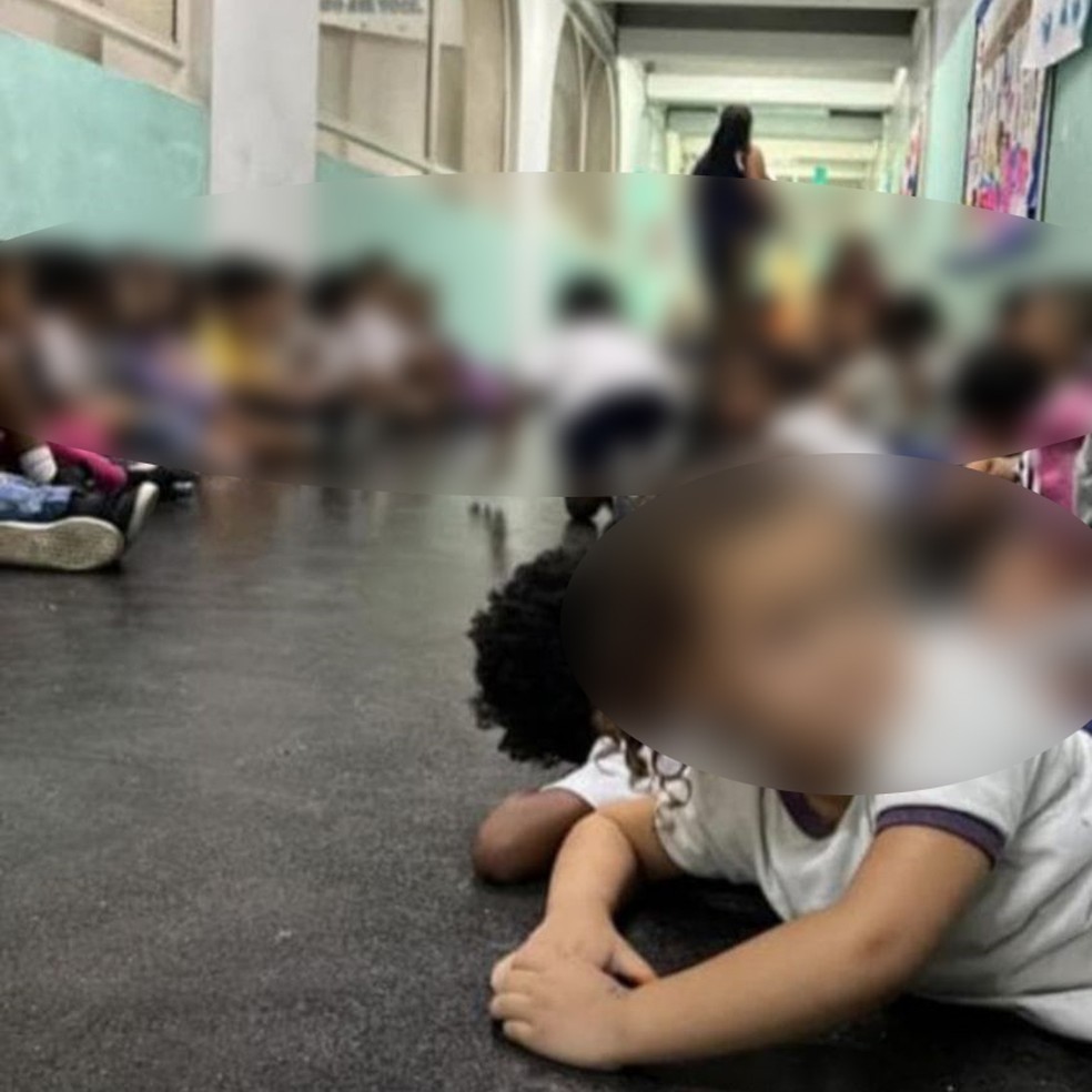 Crianças se abrigam de tiros no corredor de escola — Foto: Reprodução