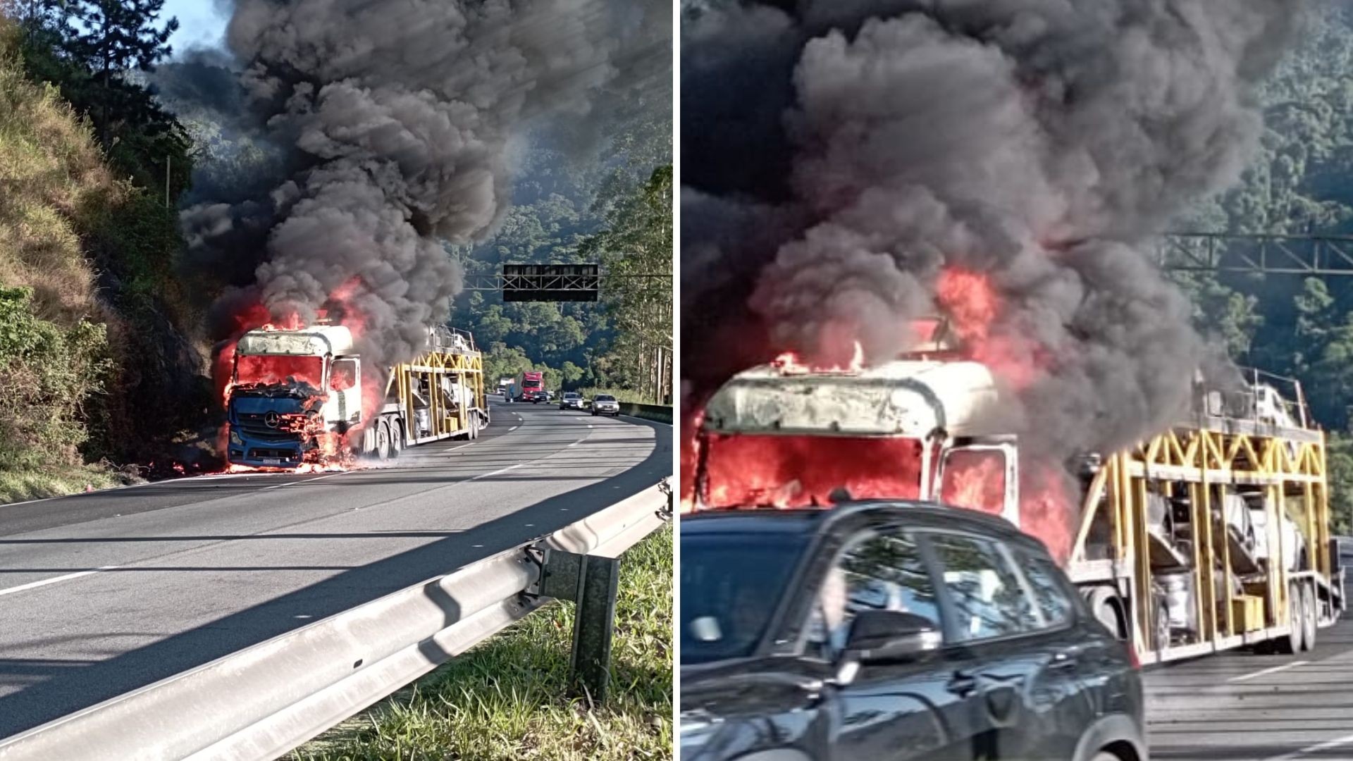 Incêndio destrói caminhão-cegonha carregado de carros na Régis Bittencourt, SP