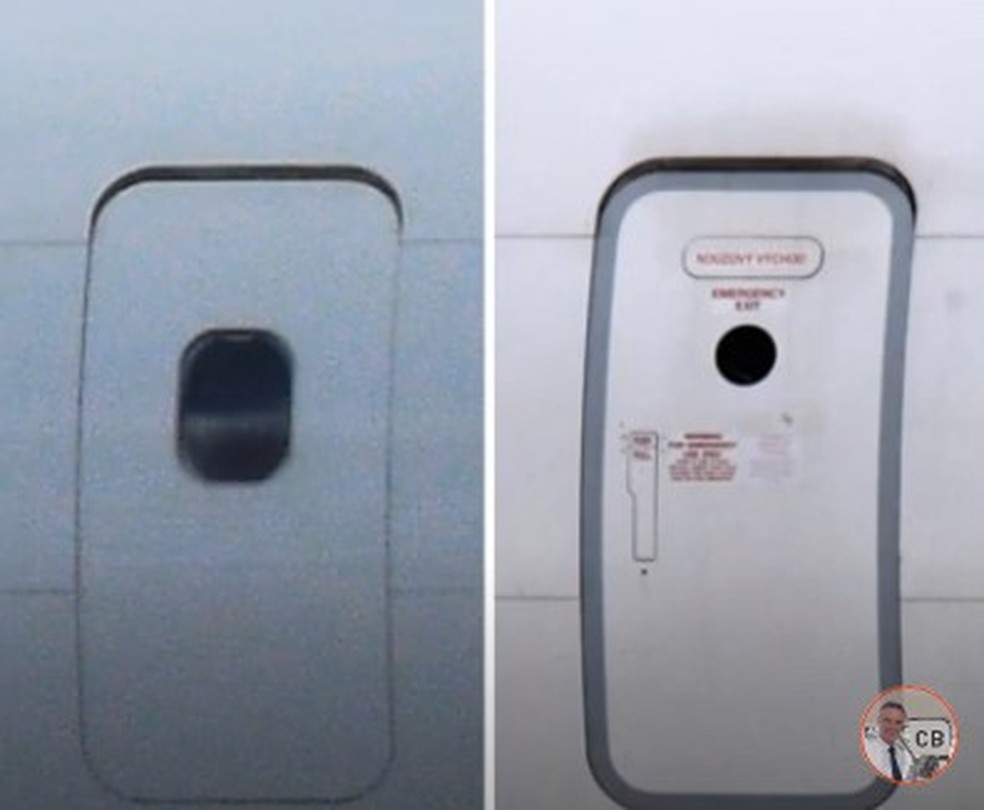 À esquerda, um porta com tampão, identificado pela janela externa; aviões assim estão proibidos temporariamente de voar — Foto: Reprodução/The Boeing 737 Technical Channel