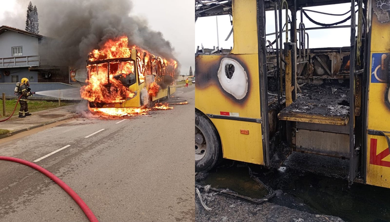Ônibus escolar que levava 20 pessoas pega fogo após pane mecânica em SC