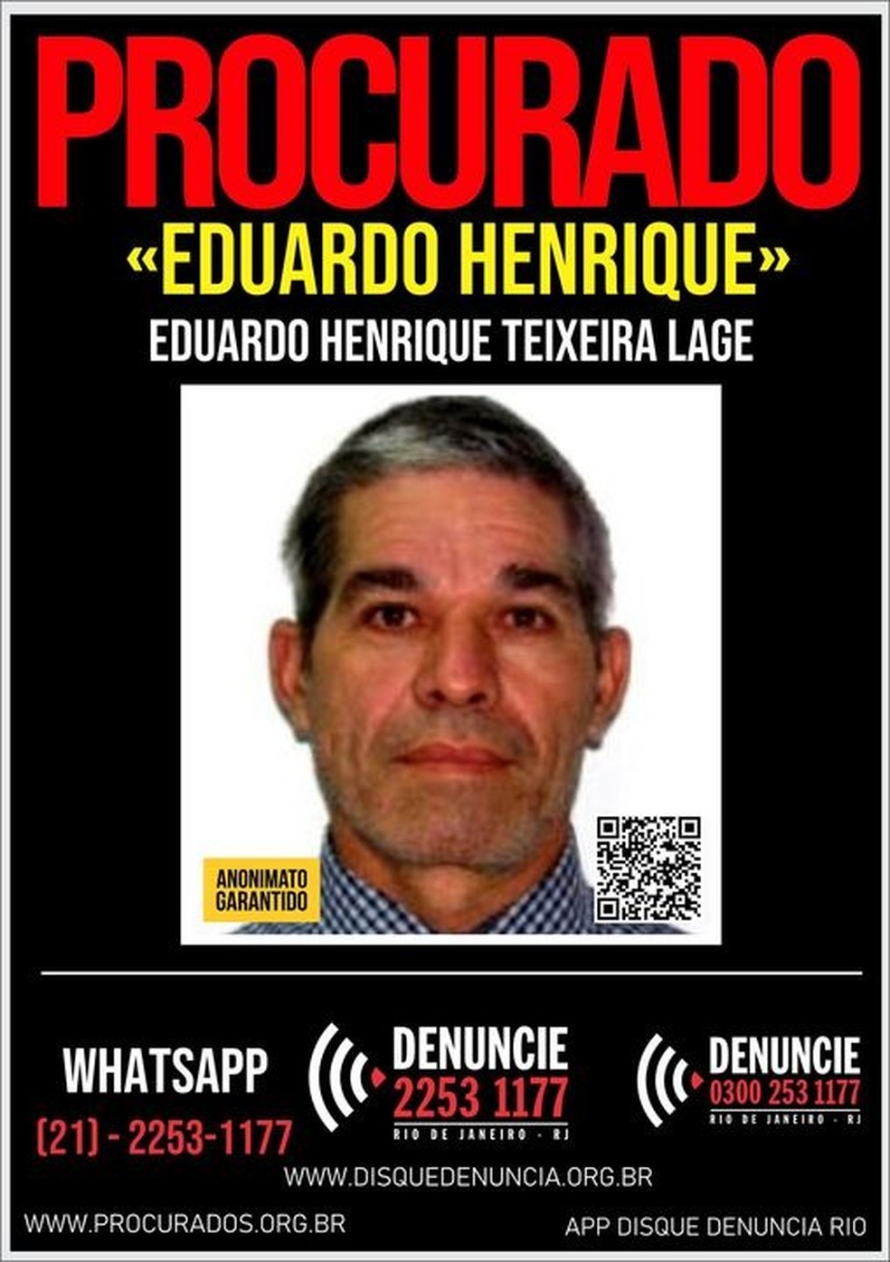 Cartaz do Disque Denúncia pede informações sobre o paradeiro de Eduardo Henrique — Foto: Divulgação