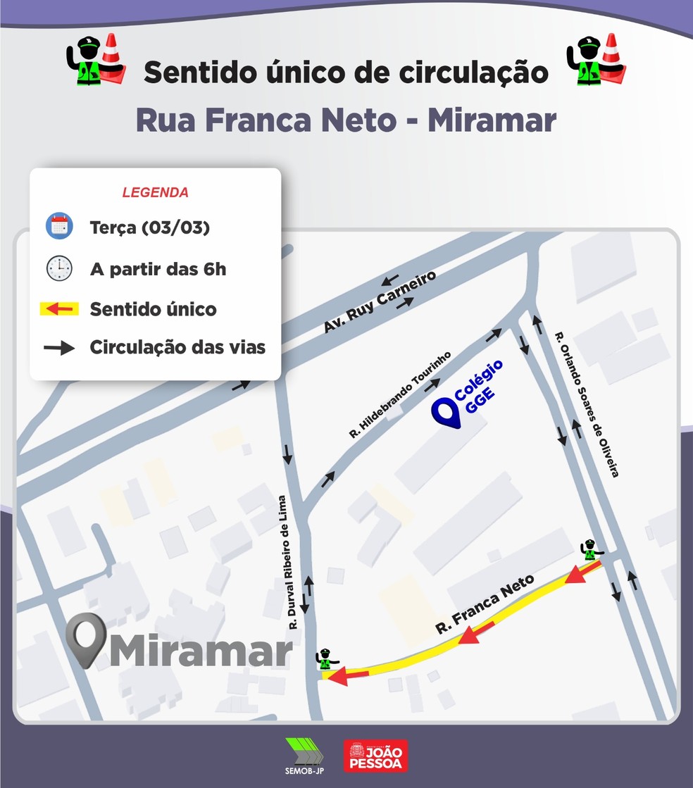 Alteração de trânsito no Miramar, em João Pessoa — Foto: Reprodução/Semob-JP