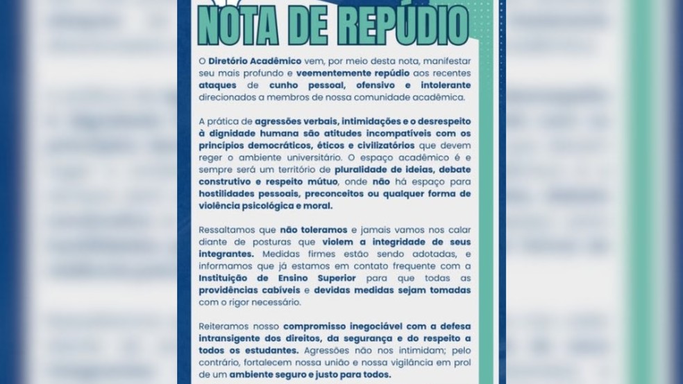 Diretório Acadêmico Diogo Guimarães também publicou uma nota de repúdio nas redes sociais. — Foto: Redes Sociais/Reprodução